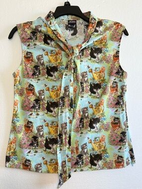 Retrolicious Kitten Watering Can Bow Tie Sleeveless Blouse XL Cotton USA Retro